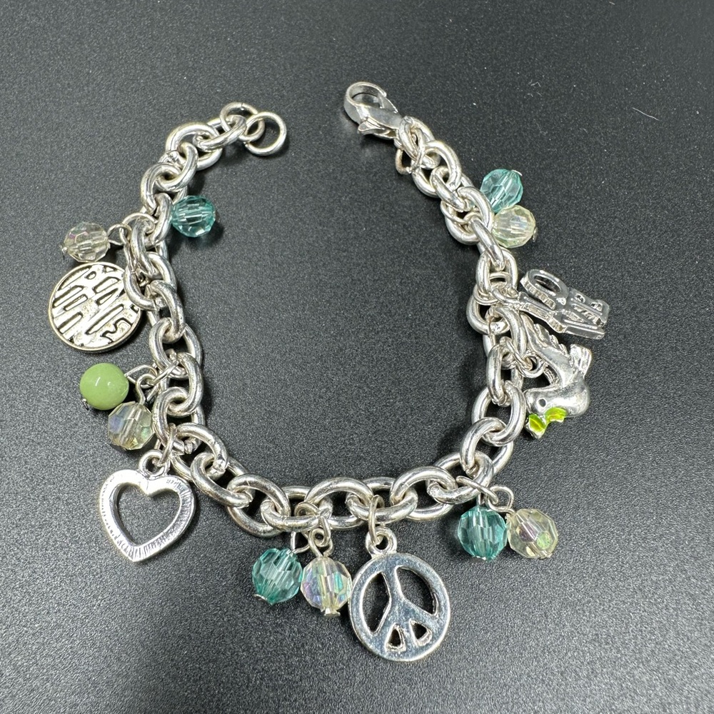 Multicolor Peace and Love Charm Bracelet Heart Love Dove Crystals